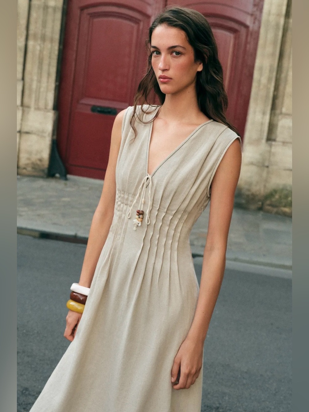 ZARA Light Beige Linen Blend Beaded Tie Midi Dress – Size L